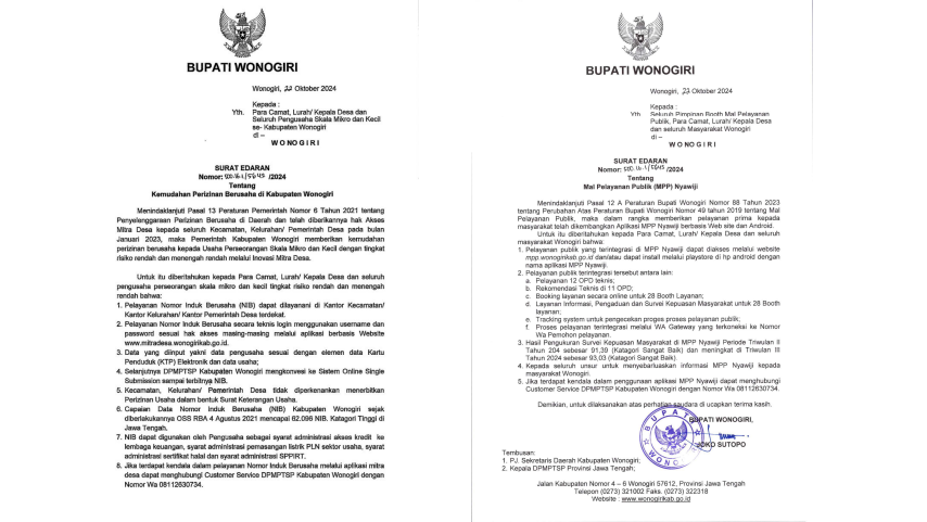 Bupati Wonogiri Dorong Kemudahan Perizinan Berusaha Melalui Program Mitra Desa dan MPP Digital